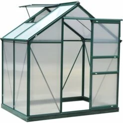 Outsunny Serre De Jardin Aluminium Polycarbonate 2,51 M² Dim. 1,9L X 1,32l X 2,01H M Lucarne, Porte Coulissante + Fondation Incluse Alu. Vert Polycarbonate Transparent - Vert