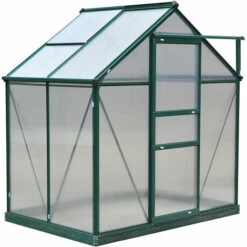 Outsunny Serre De Jardin Aluminium Polycarbonate 2,51 M² Dim. 1,9L X 1,32l X 2,01H M Lucarne, Porte Coulissante + Fondation Incluse Alu. Vert Polycarbonate Transparent - Vert -France Serre de jardin Soldes 2022 10475053 5