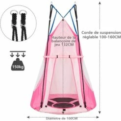 COSTWAY Balançoire Nid D’Oiseau Ø100CM Avec Tente Charge Maximal 150KG Pour Enfants Et Adultes Hauteur Réglable De 100 à 160CM Rose -France Serre de jardin Soldes 2022 19890764 4