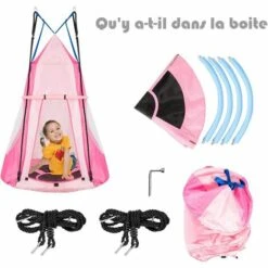 COSTWAY Balançoire Nid D’Oiseau Ø100CM Avec Tente Charge Maximal 150KG Pour Enfants Et Adultes Hauteur Réglable De 100 à 160CM Rose -France Serre de jardin Soldes 2022 19890764 5