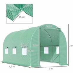 Outsunny Serre De Jardin Tunnel 4,5L X 2l X 2H M Châssis Tubulaire Acier Galvanisé Renforcé 1,8 Cm 6 Fenêtres 1 Porte Vert - Vert -France Serre de jardin Soldes 2022 25007358 3