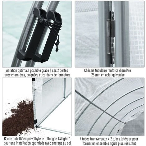 Outsunny Serre De Jardin Tunnel Surface Sol 9 M² 3L X 3l X 2H M Châssis Tubulaire Renforcé 25 Mm Double Porte Avec Poignées Blanc - Blanc 7 Outsunny Serre De Jardin Tunnel Surface Sol 9 M² 3L X 3l X 2H M Châssis Tubulaire Renforcé 25 Mm Double Porte Avec Poignées Blanc - Blanc – Image 5
