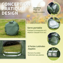 Outsunny Serre Pop-up - Serre De Jardin Pop-up - 4 Portes Zippées Enroulables - Dim. 2,5L X 1,25l X 1,35H M - Sac Transport Inclus - PVC Vert - Vert -France Serre de jardin Soldes 2022 28185961 4