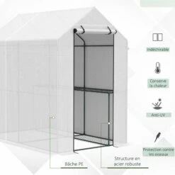 Outsunny Serre De Jardin 2 Tablettes Dim. 1,86L X 1,2l X 1,9H M Porte Déroulante Acier PE Haute Densité 140 G/m² Transparent Blanc - Blanc -France Serre de jardin Soldes 2022 28503730 5