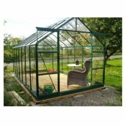 LA MAISON DU JARDIN Serre En Verre Trempé 4 Mm Modèle 128 + Base - 8,9 M² - Alu Peint Vert