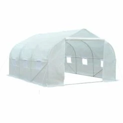 Outsunny Serre Tunnel De Jardin Dim. 4,45L X 2,99l X 2H M Porte + 6 Fenêtres Enroulables Acier Galvanisé Bâche PE Haute Densité Blanc