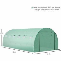 Outsunny Bâche De Rechange Serre Tunnel 18 M², Bâche Dim. 6L X 3l X 2H M PE Anti-UV Imperméable 12 Fenêtres + Porte Enroulable Zippée Vert - Vert -France Serre de jardin Soldes 2022 28909916 3