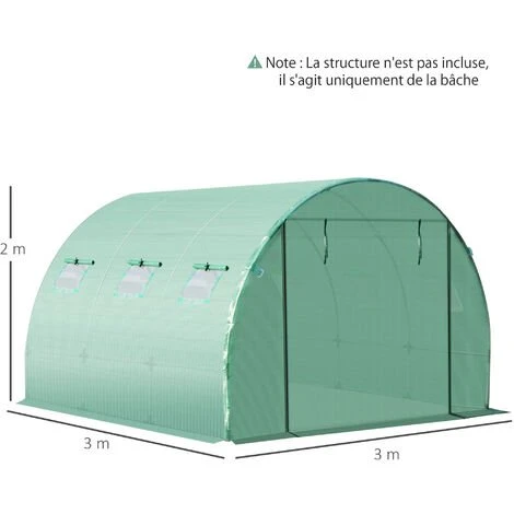 Outsunny Bâche De Rechange Serre Tunnel 9 M², Bâche Dim. 3L X 3l X 2H M PE Anti-UV Imperméable 6 Fenêtres + Porte Enroulable Zippée Vert - Vert 5 Outsunny Bâche De Rechange Serre Tunnel 9 M², Bâche Dim. 3L X 3l X 2H M PE Anti-UV Imperméable 6 Fenêtres + Porte Enroulable Zippée Vert - Vert – Image 3