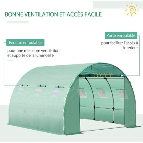 Outsunny Bâche De Rechange Serre Tunnel 9 M², Bâche Dim. 3L X 3l X 2H M PE Anti-UV Imperméable 6 Fenêtres + Porte Enroulable Zippée Vert - Vert 7 Outsunny Bâche De Rechange Serre Tunnel 9 M², Bâche Dim. 3L X 3l X 2H M PE Anti-UV Imperméable 6 Fenêtres + Porte Enroulable Zippée Vert - Vert – Image 5