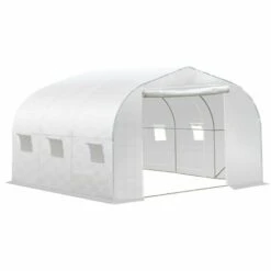 Outsunny Serre Tunnel De Jardin Dim. 3,5L X 3l X 2H M Porte + 6 Fenêtres Enroulables Acier Galvanisé Bâche PE Haute Densité Blanc