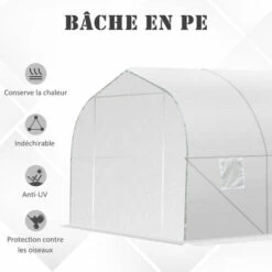 Outsunny Serre Tunnel De Jardin Dim. 3,5L X 3l X 2H M Porte + 6 Fenêtres Enroulables Acier Galvanisé Bâche PE Haute Densité Blanc -France Serre de jardin Soldes 2022 28909967 5