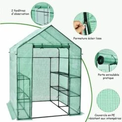 COSTWAY Serre De Jardin 3,9㎡avec Porte à Fermeture Enroulable Fenêtres D'Observation Bâche En PVC 8 Étagères 142 X 142 X 195 Cm Vert -France Serre de jardin Soldes 2022 30137462 4