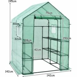 COSTWAY Serre De Jardin 3,9㎡avec Porte à Fermeture Enroulable Fenêtres D'Observation Bâche En PVC 8 Étagères 142 X 142 X 195 Cm Vert -France Serre de jardin Soldes 2022 30137462 5