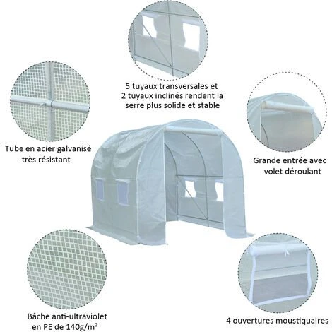 Outsunny Serre De Jardin Tunnel Surface Sol 5 M² 2,5L X 2l X 2H M Châssis Tubulaire Renforcé 18 Mm 4 Fenêtres Blanc 6 Outsunny Serre De Jardin Tunnel Surface Sol 5 M² 2,5L X 2l X 2H M Châssis Tubulaire Renforcé 18 Mm 4 Fenêtres Blanc – Image 4