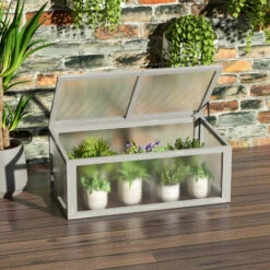 Outsunny Mini Serre De Jardin Serre à Tomates Dim. 90L X 46l X 40H Cm Toit Ouvrable Panneaux De Polycarbonate Bois Sapin Pré-huilé Gris -France Serre de jardin Soldes 2022 30950951 2