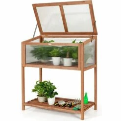 GOPLUS Mini Serre En Bois Et Plastique Transparent, Carré Potager Jardinière Rectangulaire Sur Pied, Avec Espace De Rangement Pour Outils, Convient Au Jardin Balcon Terrasse, 90X50X105cm, Brun