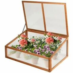 GOPLUS Serre En Bois Avec Vitrages Transparents Amovible En Polycarbonate, Avec Ouverture Inclinée, Serre Pour Plantes Et Légumes Pour Balcon Terrasse Jardin (100 X 65 X 40 Cm)