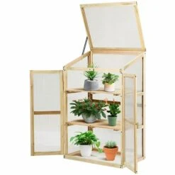 GOPLUS Serre En Bois Avec Vitrages Transparents Amovible En Polycarbonate, Avec Ouverture Inclinée, Serre Pour Plantes Et Légumes Pour Balcon Terrasse Jardin (60 X 45 X 100 Cm)