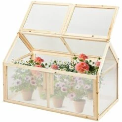 GOPLUS Serre En Bois Avec Vitrages Transparents Amovible En Polycarbonate, Avec Ouverture Inclinée, Serre Pour Plantes Et Légumes Pour Balcon Terrasse Jardin (100 X 53 X 71 Cm)