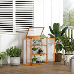 Outsunny Mini Serre De Jardin 3 Niveaux Dim. 58L X 44l X 78H Cm Double Porte Toit Ouvrant Bois Sapin Lasuré Polycarbonate - Orange -France Serre de jardin Soldes 2022 47140863 2