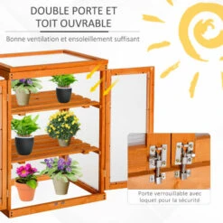 Outsunny Mini Serre De Jardin 3 Niveaux Dim. 58L X 44l X 78H Cm Double Porte Toit Ouvrant Bois Sapin Lasuré Polycarbonate - Orange -France Serre de jardin Soldes 2022 47140863 4