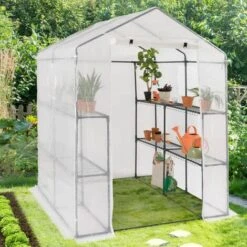 IDMARKET Serre De Jardin Blanche Toutes Saisons 8 étagères 2 Fenêtres Avec Moustiquaire Et Porte Zippée