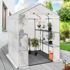 IDMARKET Serre De Jardin Blanche Toutes Saisons 8 étagères 2 Fenêtres Avec Moustiquaire Et Porte Zippée -France Serre de jardin Soldes 2022 49793142 5
