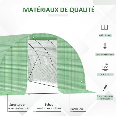 Outsunny Serre De Jardin Tunnel 18 M² Dim. 6L X 3l X 2H M - 8 Fenêtres, Porte Zippée Enroulable - Châssis Tubulaire Acier Galvanisé, Bâche PE Haute Densité Vert - Vert 6 Outsunny Serre De Jardin Tunnel 18 M² Dim. 6L X 3l X 2H M - 8 Fenêtres, Porte Zippée Enroulable - Châssis Tubulaire Acier Galvanisé, Bâche PE Haute Densité Vert - Vert – Image 4