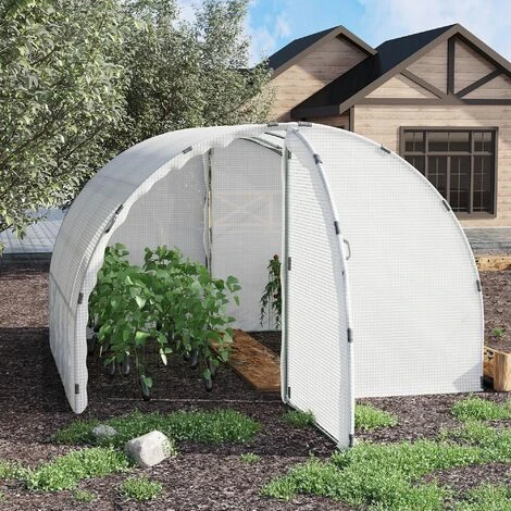 Outsunny Serre De Jardin Tunnel Surface Sol 8,38 M² Châssis Tubulaire Renforcé 24 Mm Double Porte Avec Poignées Blanc - Blanc 6 Outsunny Serre De Jardin Tunnel Surface Sol 8,38 M² Châssis Tubulaire Renforcé 24 Mm Double Porte Avec Poignées Blanc - Blanc – Image 4