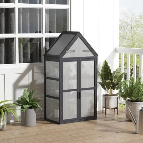 Outsunny Mini Serre De Jardin En Polycarbonate Cadre En Bois 3 Niveaux Dim. 70,5L X 42l X 132H Cm Double Porte Aérations Réglables Gris - Gris 4 Outsunny Mini Serre De Jardin En Polycarbonate Cadre En Bois 3 Niveaux Dim. 70,5L X 42l X 132H Cm Double Porte Aérations Réglables Gris - Gris – Image 2