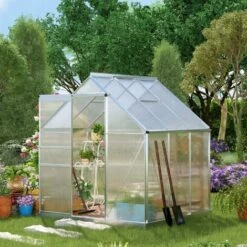 Outsunny Serre De Jardin Aluminium Polycarbonate 3,61 M² Dim. 1,9L X 1,9l X 2H M Lucarne Réglable Fondation Porte Coulissante - Transparent -France Serre de jardin Soldes 2022 53591958 2