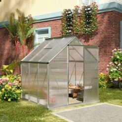 Outsunny Serre De Jardin Aluminium Polycarbonate 3,61 M² Dim. 1,9L X 1,9l X 2H M Lucarne Réglable Fondation Porte Coulissante - Transparent -France Serre de jardin Soldes 2022 53591958 4