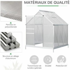 Outsunny Serre De Jardin Aluminium Polycarbonate 3,61 M² Dim. 1,9L X 1,9l X 2H M Lucarne Réglable Fondation Porte Coulissante - Transparent -France Serre de jardin Soldes 2022 53591958 5
