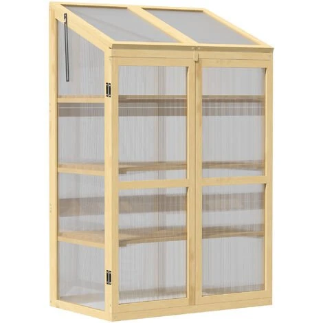 Outsunny Mini Serre De Jardin En Polycarbonate Cadre En Bois 3 étagères Dim. 80L X 50l X 130H Cm Double Porte Toit Ouvrant Bois De Sapin Autoclave - Beige 3 Outsunny Mini Serre De Jardin En Polycarbonate Cadre En Bois 3 étagères Dim. 80L X 50l X 130H Cm Double Porte Toit Ouvrant Bois De Sapin Autoclave - Beige