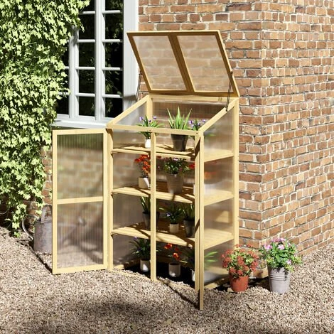 Outsunny Mini Serre De Jardin En Polycarbonate Cadre En Bois 3 étagères Dim. 80L X 50l X 130H Cm Double Porte Toit Ouvrant Bois De Sapin Autoclave - Beige 4 Outsunny Mini Serre De Jardin En Polycarbonate Cadre En Bois 3 étagères Dim. 80L X 50l X 130H Cm Double Porte Toit Ouvrant Bois De Sapin Autoclave - Beige – Image 2