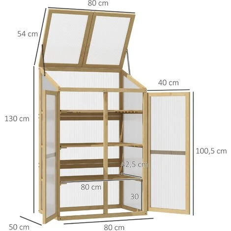 Outsunny Mini Serre De Jardin En Polycarbonate Cadre En Bois 3 étagères Dim. 80L X 50l X 130H Cm Double Porte Toit Ouvrant Bois De Sapin Autoclave - Beige 5 Outsunny Mini Serre De Jardin En Polycarbonate Cadre En Bois 3 étagères Dim. 80L X 50l X 130H Cm Double Porte Toit Ouvrant Bois De Sapin Autoclave - Beige – Image 3