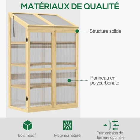 Outsunny Mini Serre De Jardin En Polycarbonate Cadre En Bois 3 étagères Dim. 80L X 50l X 130H Cm Double Porte Toit Ouvrant Bois De Sapin Autoclave - Beige 7 Outsunny Mini Serre De Jardin En Polycarbonate Cadre En Bois 3 étagères Dim. 80L X 50l X 130H Cm Double Porte Toit Ouvrant Bois De Sapin Autoclave - Beige – Image 5