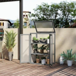 Outsunny Mini Serre De Jardin 3 Niveaux Dim. 76L X 47l X 110H Cm Double Porte Toit Ouvrant Bois Sapin Lasuré Gris Polycarbonate - Gris -France Serre de jardin Soldes 2022 58667108 2