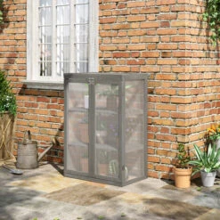 Outsunny Mini Serre De Jardin 3 Niveaux Dim. 76L X 47l X 110H Cm Double Porte Toit Ouvrant Bois Sapin Lasuré Gris Polycarbonate - Gris -France Serre de jardin Soldes 2022 58667108 4