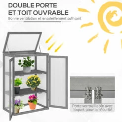 Outsunny Mini Serre De Jardin 3 Niveaux Dim. 76L X 47l X 110H Cm Double Porte Toit Ouvrant Bois Sapin Lasuré Gris Polycarbonate - Gris -France Serre de jardin Soldes 2022 58667108 5