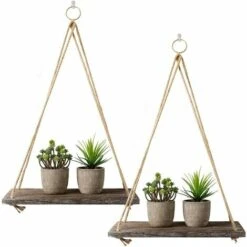 PREMIER Lot De 2 étagères Rustiques En Bois Vieilli à Suspendre Avec Corde Et Crochets