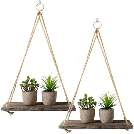 PREMIER Lot De 2 étagères Rustiques En Bois Vieilli à Suspendre Avec Corde Et Crochets 3 PREMIER Lot De 2 étagères Rustiques En Bois Vieilli à Suspendre Avec Corde Et Crochets