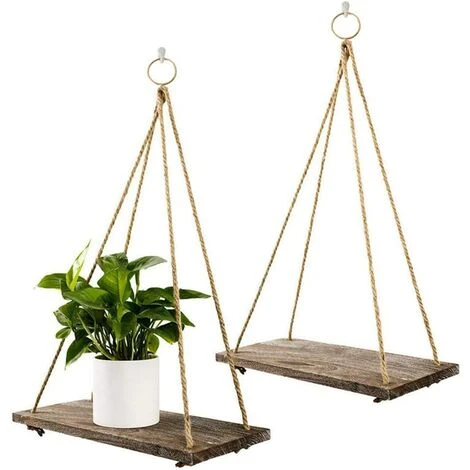 PREMIER Lot De 2 étagères Rustiques En Bois Vieilli à Suspendre Avec Corde Et Crochets 4 PREMIER Lot De 2 étagères Rustiques En Bois Vieilli à Suspendre Avec Corde Et Crochets – Image 2
