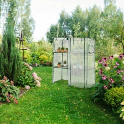 Relaxdays Petite Serre, 4 étagères, 2 Portes Et Fenêtres, Toit Incliné, En PE, HxLxP : 162 X 143 X 46 Cm, Blanc -France Serre de jardin Soldes 2022 61314105 3