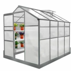 MONSTER SHOP Serre De Jardin Avec Base 1.8mx2.4m Cadre Aluminium Avec Fenêtre Et Porte Coulissante Jardinerie Plantes - Gris