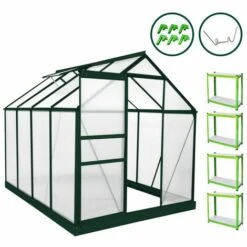 MONSTER SHOP Serre De Jardin Avec Base 1.9mx2.5m Cadre Aluminium Avec Fenêtre Et Porte Coulissante Jardinerie Plantes & Étagères - Vert