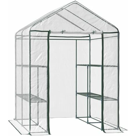 HOMCOM Serre De Jardin Balcon Terrasse 4 étagères 143L X 143l X 195H Cm Acier PVC Imperméable Anti-UV Transparent Vert - Transparent 3 HOMCOM Serre De Jardin Balcon Terrasse 4 étagères 143L X 143l X 195H Cm Acier PVC Imperméable Anti-UV Transparent Vert - Transparent