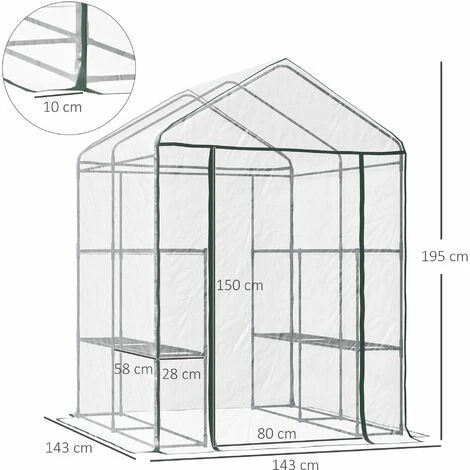 HOMCOM Serre De Jardin Balcon Terrasse 4 étagères 143L X 143l X 195H Cm Acier PVC Imperméable Anti-UV Transparent Vert - Transparent 5 HOMCOM Serre De Jardin Balcon Terrasse 4 étagères 143L X 143l X 195H Cm Acier PVC Imperméable Anti-UV Transparent Vert - Transparent – Image 3