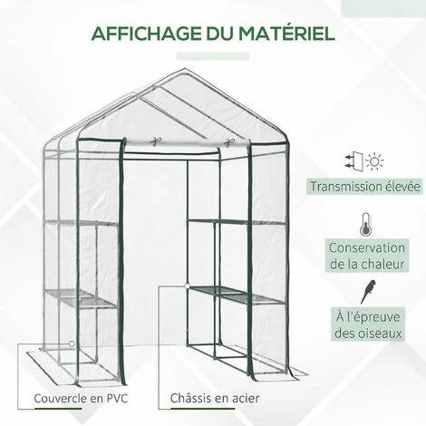 HOMCOM Serre De Jardin Balcon Terrasse 4 étagères 143L X 143l X 195H Cm Acier PVC Imperméable Anti-UV Transparent Vert - Transparent 6 HOMCOM Serre De Jardin Balcon Terrasse 4 étagères 143L X 143l X 195H Cm Acier PVC Imperméable Anti-UV Transparent Vert - Transparent – Image 4