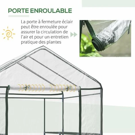 HOMCOM Serre De Jardin Balcon Terrasse 4 étagères 143L X 143l X 195H Cm Acier PVC Imperméable Anti-UV Transparent Vert - Transparent 7 HOMCOM Serre De Jardin Balcon Terrasse 4 étagères 143L X 143l X 195H Cm Acier PVC Imperméable Anti-UV Transparent Vert - Transparent – Image 5